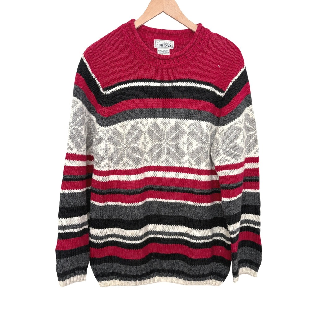 VTG Snowflake Fair Isle Knit Sweater Cotton Ramie Winter Grandpacore Pullover L